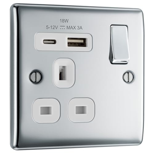 BG Electrical 18W Single Switched Power Plug Wall Socket with Type A USB and Type C USB Charging Ports, Fast Charge, Round Edges, Nexus Metal, Polished Chrome, White Inserts,13A, NPC21UAC18W