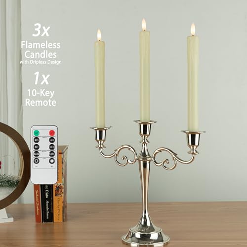 Image of Dripless Flameless Taper Candles with Rmote, 9.6 inch Real Wax Battery Operated Candles with 3D Wick, 3 Pack Led Candle Flickering Candlesticks for Home, Wedding, Party, Ivory