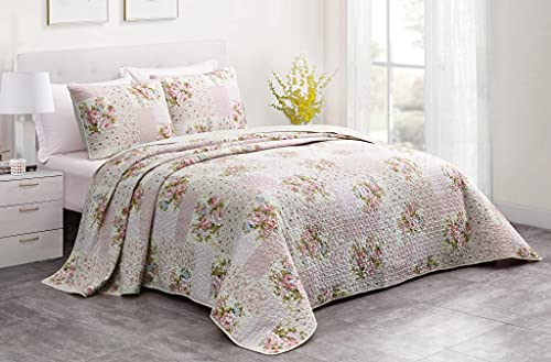 Chezmoi Collection Rosy 3-Piece Printed Patchwork Cotton Quilt Set - Pink Flower Floral Striped Polka Dots - Stone Washed Lightweight Bedspread, Queen Size #TOP1