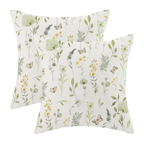 Image of AEIOAE Spring Pillow Covers 22x22 Inch Set of 2, Sage Green Yellow Wild Flower Throw Pillows Case,Colorful Seasonal Floral Plant Outdoor Decorative Farmhouse Decor Cushion Covers for Sofa Bed Couch
