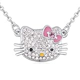 White Gold Plated Kitty Cat Bow Tie with Swarovski Elements Cubic Zirconia Pendant Necklace Fashion Jewelry for Girls Women (Pink)