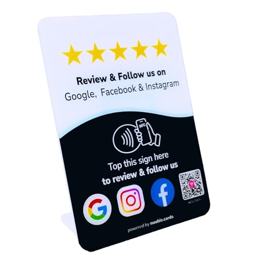 NUUBIZ Review Tap Card Stand for Google with Social Media Sign – Multilink NFC Review & Follow Us Sign for Google, Instagram, Facebook, TikTok & More – NFC Tap & QR Scan to All Links– No App, No Fees