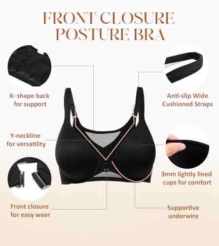 Image of Lemorosy Front Closure Posture Bra Back Support Smoothing Underwire Comfortable Everyday Bras for Women