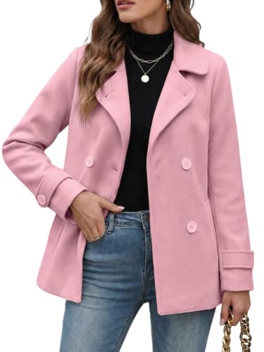 Image of IDEALSANXUN Pea Coats for Women Trendy Fall Fashion 2025 Winter Coat Double Breasted Wool Coat Peacoat, Pink, L