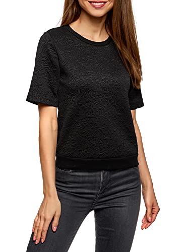oodji Collection Damen Sweatshirt aus Strukturiertem Stoff mit Kurzen Ärmeln, Schwarz, DE 34 / EU 36 / XS Cover