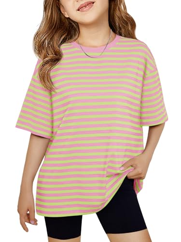 Image of Haloumoning Girls Striped Short Sleeve T Shirts Kids Summer Oversized Tops Casual Crewneck Tees 5-14 Years