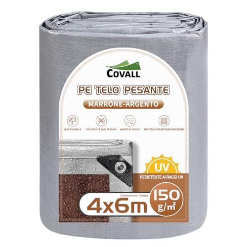 COVALL Telone 150g/㎡, misura pescato 4×6m, copertura per telo impermeabile resistente con occhielli rinforzati, telo resistente ai raggi UV, (Argento/Marrone)