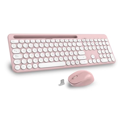 LeadsaiL K933 Teclado y Raton Inalámbrico Español QWERTY, Pack de Teclado Raton Inalambrico Ergonómico, Silencioso con Soporte para Teléfono, Tamaño Completo, para Mac, PC, Ordenador Portátil-Rosa
