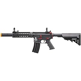 Lancer Tactical Gen 2 Durable Airsoft Gun SD M4 Polymer- Full/Semi-Auto Piactinny Rail AEG Rifle with 0.20g BBS, Charger and Battery (Accents, Red)