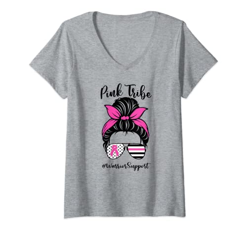 Mujer Apoyo Guerrero Concientización sobre el Cáncer de Mama Pink Tribe Messy Bun Camiseta Cuello V