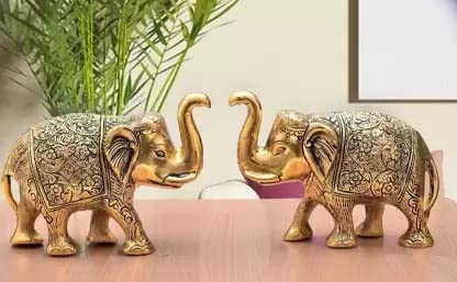 Image of Kalakriti Metal Elephant Statue Small Size Gold Polish 2 pcs Set Enhance Your Home | Car | Office | Table | Article | Animal Decorative Showpiece Figurines for Best Gifting (15X9X4 CM), Golden