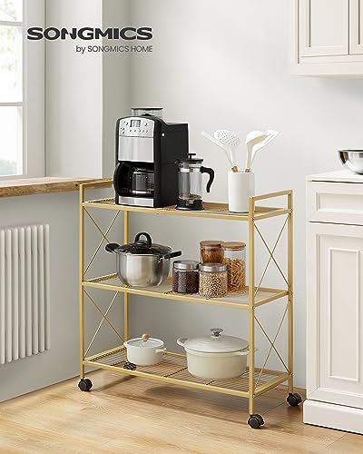 Image of SONGMICS 3-Tier Metal Storage Rack with Wheels, Mesh Shelving Unit with X Side Frames, 31.5-Inch Width, for Entryway, Kitchen, Living Room, Bathroom, Industrial Style, Metallic Gold UBSC183A01