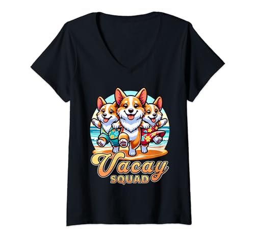 Femme Funny Vacay Squad Cute Corgi Family Vacation Match Trip T-Shirt avec Col en V