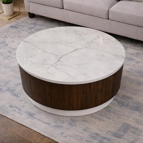 Image of WOODEN SPACE Round Marble-Top Wooden Center Table for Living Room | Modern Entryway Furniture | Coffee Table - 30X30X18 Inch (Fluted Brown)