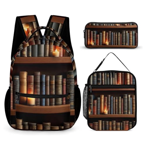 Backpack Bookbag Set Vintage Library Bookshelf Candlelight Backpack with Lunch Bags and Makeup Bag Shoulder Bag with Lunch Box Storage Bags