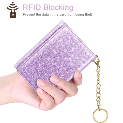 Image of Trifold Small RFID Blocking Wallet Pocket Cute Short Slim Sparkling Credit Card Holder Leather Keychain Ladies Mini Purse with ID Window, Glitter Purple