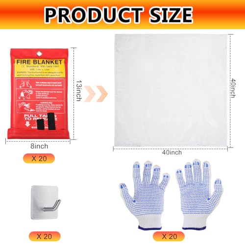 Macarrie 40\'\'x 40\'\' Fire Blanket Emergency with Hooks and Gloves Fire Suppression Blanket Fiberglass Safety Fireproof Survival for Kitchen Home Camping Picnic Warehouse Car(20 Pack)