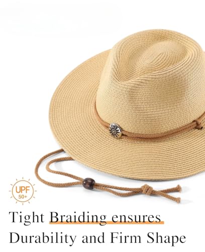 Image of Home Prefer UPF50+ Men's Wide Brim Straw Fedora Sun Hat with Badge Lanyard