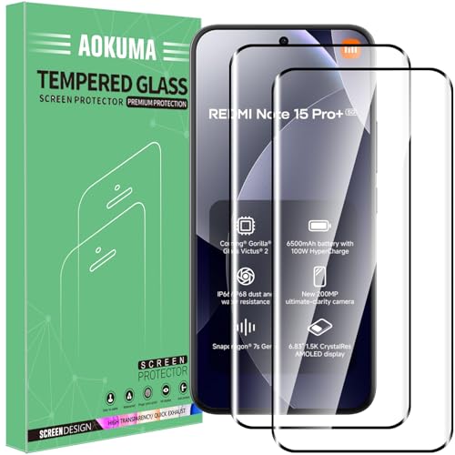 AOKUMA 3D Protector de Pantalla para Xiaomi Redmi Note 15 Pro+/Note 15 Pro Plus 5G,[2 Unidades] 3D Cristal Templado para Note 15 Pro Plus Fácil Instalación,Sin Burbujas,9H Dureza