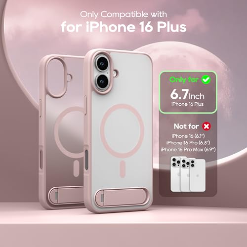 Coque iPhone 16 Plus antichocs rose mate béquille rotative 6,7"