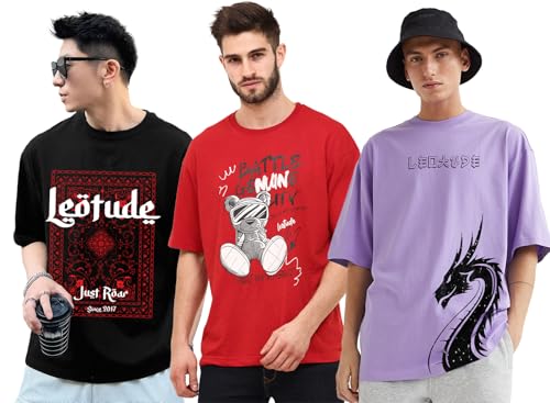 Image of LEOTUDE Men's Cotton Trendy Oversized Round Neck Printed T-Shirt Combo (Pack of 3)