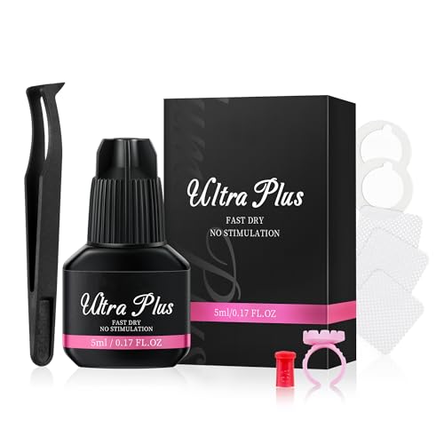 CHRONTIER Eyelash Extensions Glue Ultra Plus 5ml with Tweezer Semi-permanent lashes drying time of 3-4 seconds 4 weeks long last Self-application for lash extensions low irritation