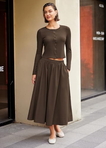 Image of Panadila Womens 2 Piece Lounge Sets Matching Vacation Outfits Ribbed Button Down Cardigan and Elastic Waist Skirt Sets