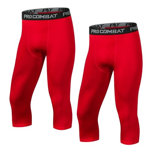 Lot de 2 Leggings de Compression 3/4 pour Homme Sport Séchage Rapide Collant Running Fitness Pantalon Base Layer (Red,M)
