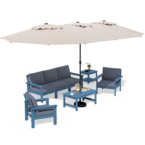 Image of SERWALL HDPE Outdoor Patio Furniture Set Outdoor Couch | All Weather Outdoor Sectional with Coffee Table & Side Table & 15FT Umbrella, Blue Frame & Gray Cushions