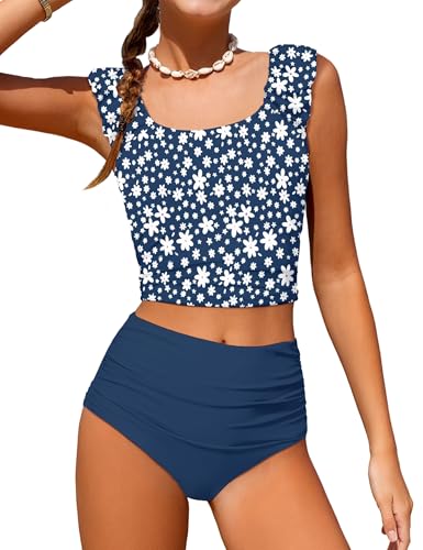 Image of Girls Tankini Swimsuit 2 Piece Bathing Suit Twist Cross Back Cutout Swim Tank Top Floral Print Swimwear for 7-18Y