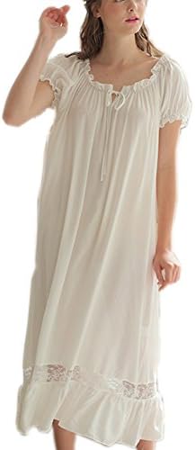 Singingqueen Womens' Cotton Nightgown Nightshirt Ladies Victorian Sleepwear Dress Gown Pajamas Lounger (White, Medium)