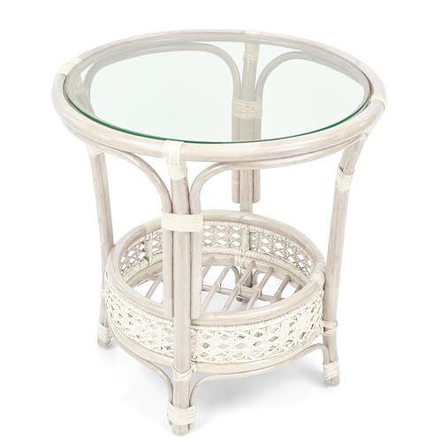 Pelangi Coffee Round Table White Color Handmade ECO Natural Rattan Wicker with Glass Top