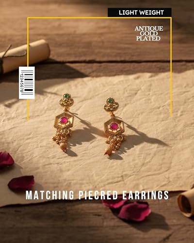 Image of Mansiyaorange South Indian Temple Style Choker with Floral Necklace & Earrings | Traditional Gold Plated Kempu Kundan Stone Jewelry Set for Women