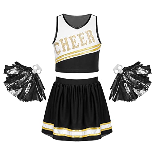 Runhomal Enfant Fille Costume de Cheerleaders High School Uniforme Déguisement Pom-Pom Girl Musical avec Pompons Brillants Haut et Jupe Costume Carnaval 5-16 Ans Noir 9-10 Ans Cover