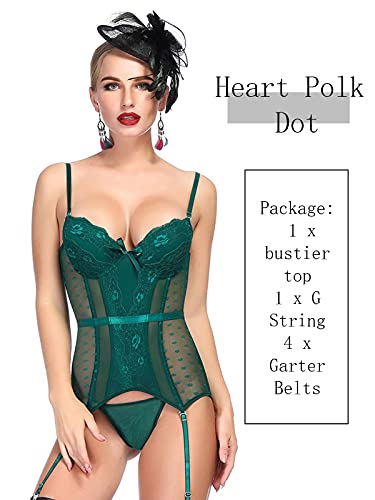 TOPMELON Corset Lingerie Set for Women with Underwire Spaghetti Strap Garter Lingerie Set Push Up Bustier Corset Waist Cincher Overbust Green - Thumbnail 5