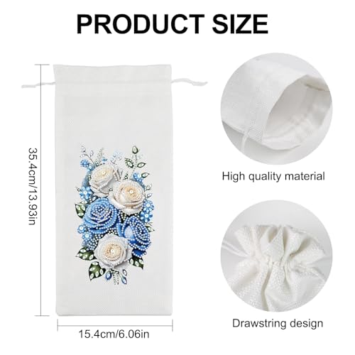 Image of DIY 5D Diamond Painting Gift Wrap, Special Shaped Diamond Art Linen Cover for Champagne Bottles, Party Supplies for Christmas Wedding Birthday Holiday (Blue White Rose)