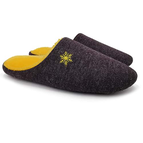 ofoot Women indoor Slippers Woolen Knit Upper with Snowflake Embroidery,Warm Cozy Fleece Lining Non Slip Sole House Shoes (Purple+Yellow, US 8.5-9.5)