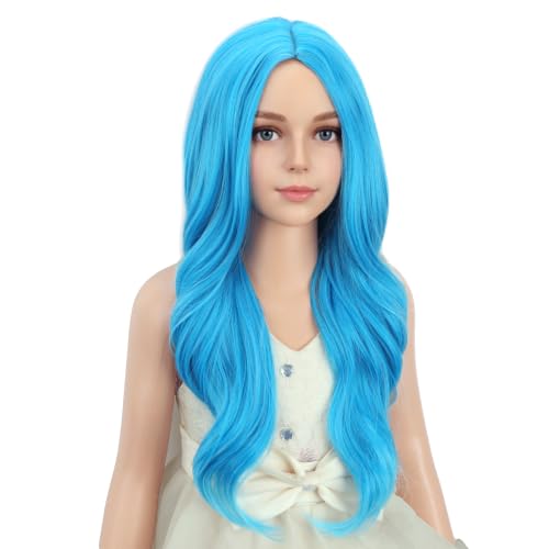 Image of PATTNIUM Kids Blue Wig Long Curly Wavy Blue Wigs for Girls Chidren Middle Part Hair Heat Resistant Synthetic Hair Wig with Wigs Cap