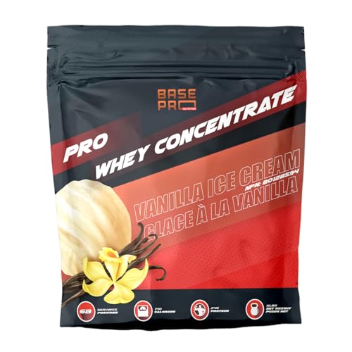 Pro Whey Concentrate – Vanilla Ice Cream | Base Pro Nutrition | Whey Concentrate Protein Powder, 24 Grams of Protein Per Scoop, 68 Servings Per Pouch | 5 LBS