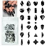 Black Nail Rhinestones 120 Multi Shapes Flatback Jet Black Crystals Gems +SS10 SS16 Round Beads K9 Glass Stones Diamonds Jewels Nail Art Supplies Nail Charms Decor for Nails Faces Eyes Makeup Crafts
