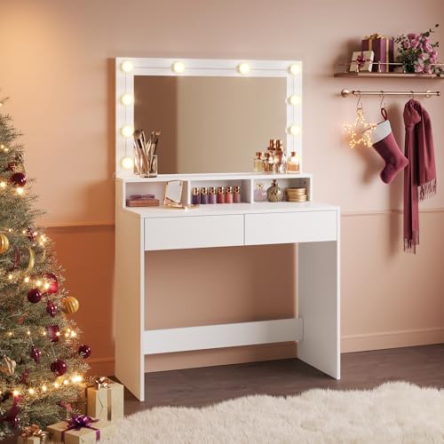 EUGAD Coiffeuse avec Grand Miroir LED, Lumières Réglables, Table de Maquillage avec 2 Tiroirs, 3 Compartiments, 1 Étagère, Meuble de Rangement Chambre, Moderne, en Bois, Blanc