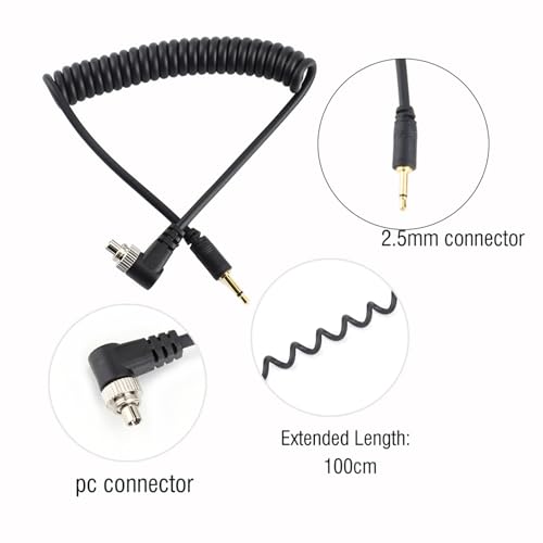 Flash Flasher PC Kabel, 2,5mm auf Stecker Professionelles Kamera Blitz PC Synchronisationskabel Kabelverlängerung 100cm mit Schraubverriegelung Verlängerter gewickelter Draht für Blitzauslöser Kamera
