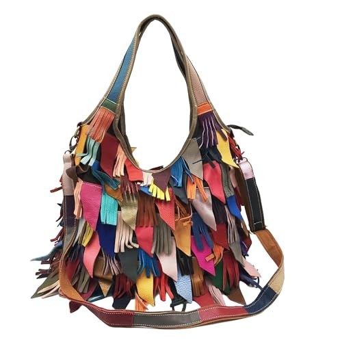 Handmade Cowhide Multi-color Block Random Stitching Unique Style Women's Bag - Crossbody, Shoulder and Handheld