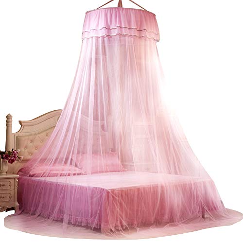 BTER Cama Transpirable mosquitera 360 ° Cortina de Cama con Dosel, Plegable Princesa Encaje Estilo Dormitorio decoración señoras para el hogar(Pink)