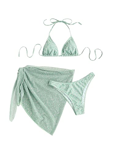 GORGLITTER Women's 3 Piece Floral Swimsuit Tie Back Bikini Set with Wrap Tie Side Beach Skirt