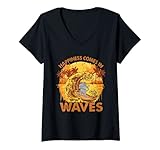 Damen Happiness Comes In Waves - Surfende Katze - Surfen T-Shirt mit V-Ausschnitt
