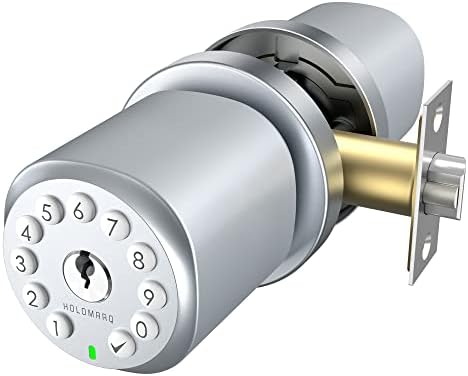HOLOMARQ Door Knob with Keypad for Interior Combination Bedroom Door Lock 4 AA Alkaline Batteries Keyless Electronic Digital Coded Door Knob Sequra (Glossy Silver)