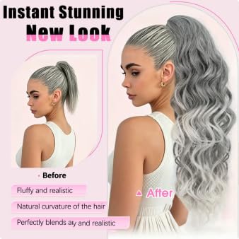 LRSICAL Ponytail Extension, Claw Clip Ponytail Extension Long Wave Ponytail Extensions for Women Fluffy Natural Synthetic 26 Inch Hairpiece for Daily Use(Color:Omber Grey） — view 3