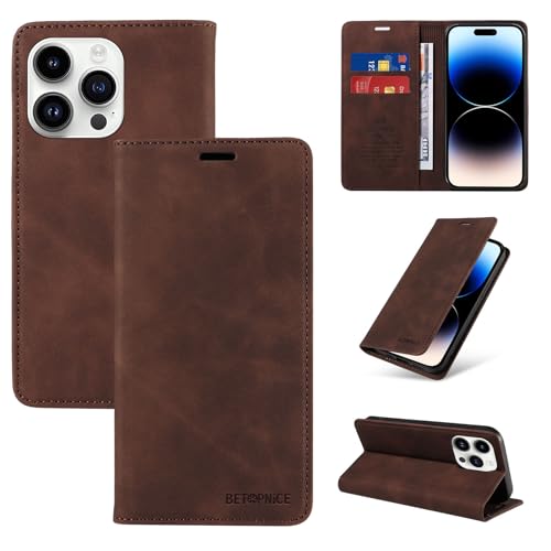 Coque portefeuille en cuir marron iPhone 14 Pro clapet magnétique finition premium