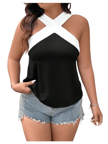 Floerns Women's Plus Size Criss Cross Tank Colorblock Sleeveless Halter Tops4